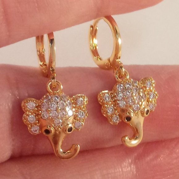 18K Yellow Gold Filled Elephant Diamond Zircon Dangle Earrings Gorgeous Gift - Picture 2 of 4
